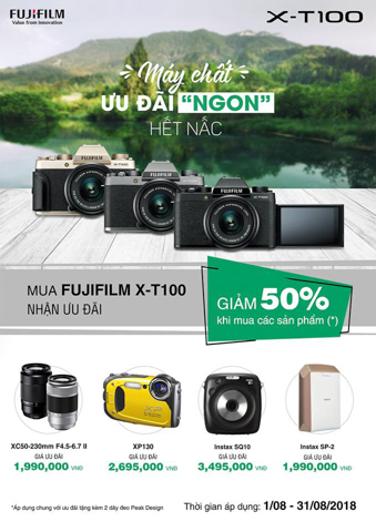 Chuong trinh Khuyen Mai Fujifilm X-T100 thang 8 tai Giang Duy Dat