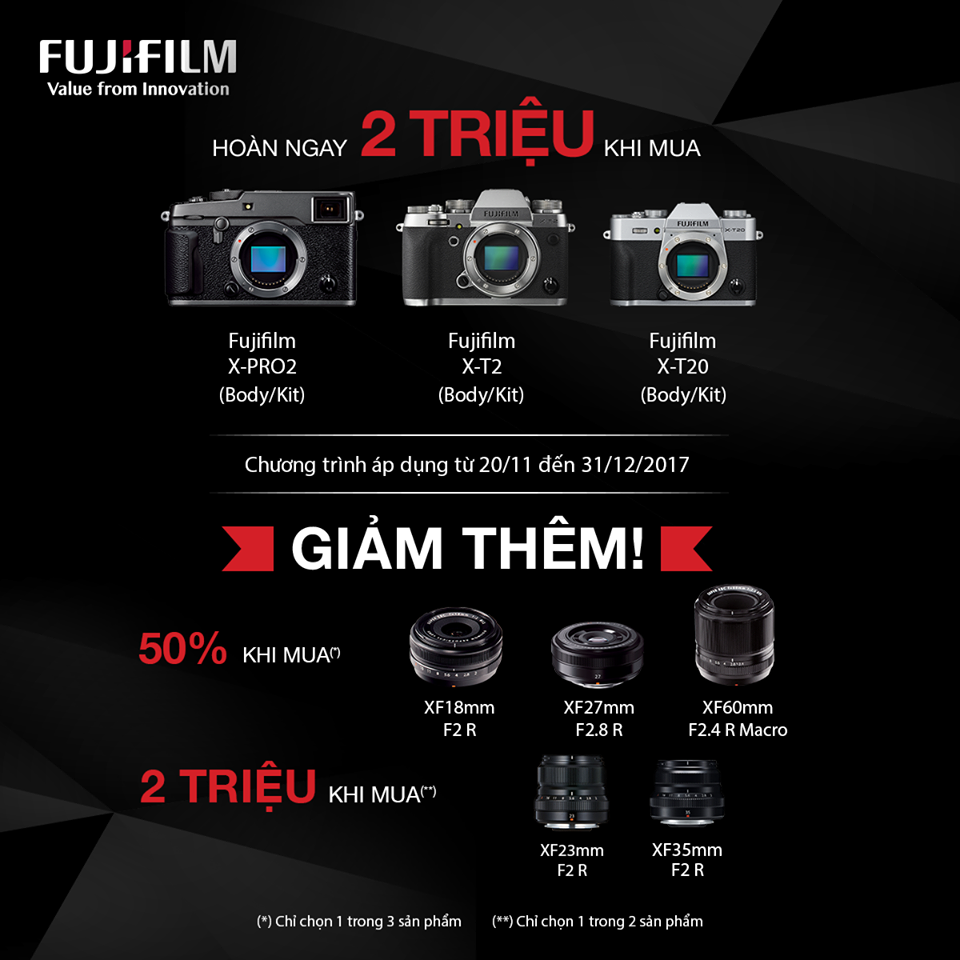 Mua Fujifilm X-T2 / X-pro 2 / X-T20 kem ong kinh XF 27mm XF 60mm XF 18mm voi gia 50%