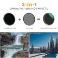 Filter K&F ND4-ND64 (2-6 Stop) Variable and CPL Circular Polarizing 2 in 1 with 28 Layers of Anti-reflection Green Film Two Orange Levers Imported White Cloth Nano-X Series 2