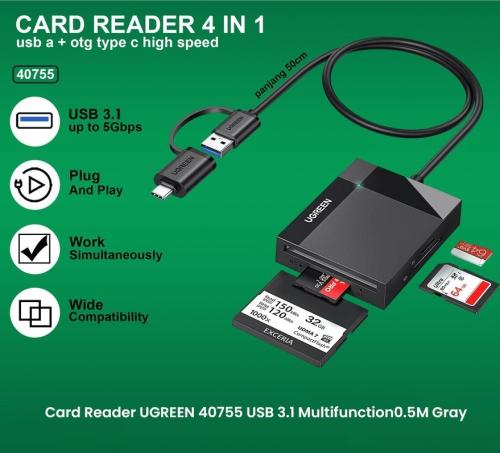 Ugreen 40755 0.5M Đầu Đọc Thẻ Usb 3.0 Đa Năng Kèm Cổng nối Type C 50CM CR125